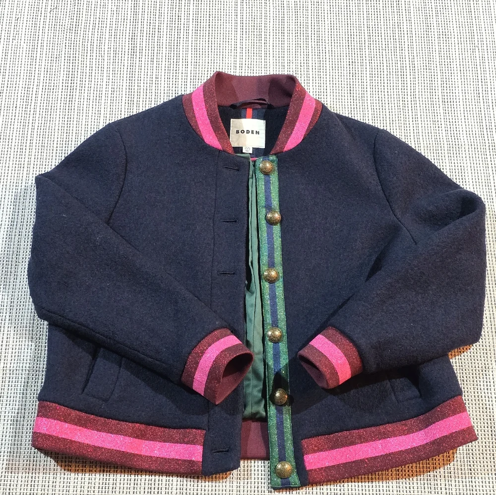 Boden Navy Boiled Wool Blend Bomber Jacket Sz 16 Preppy Academia Back To School - Picture 11 of 14